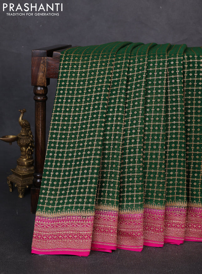 Banarasi georgette saree bottle green and pink with allover thread & zari woven checks buttas and woven border