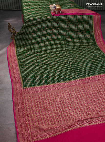 Banarasi georgette saree bottle green and pink with allover thread & zari woven checks buttas and woven border