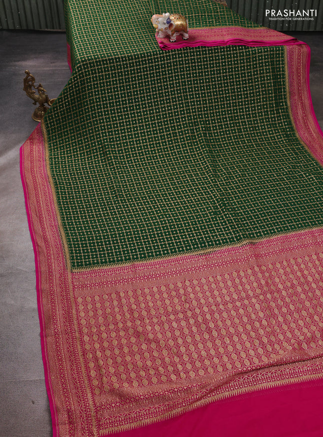 Banarasi georgette saree bottle green and pink with allover thread & zari woven checks buttas and woven border
