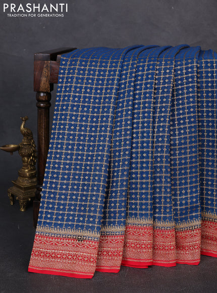 Banarasi georgette saree peacock blue and red with allover thread & zari woven checks buttas and woven border