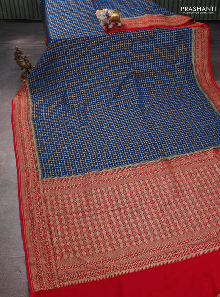 Banarasi georgette saree peacock blue and red with allover thread & zari woven checks buttas and woven border