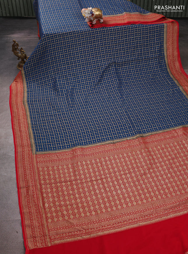 Banarasi georgette saree peacock blue and red with allover thread & zari woven checks buttas and woven border