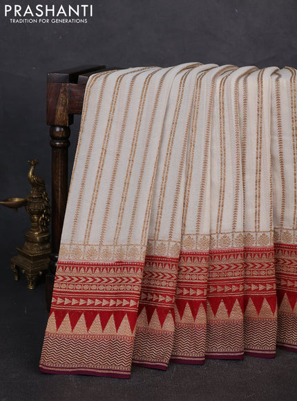 Banarasi georgette saree beige and wine shade with allover thread & zari stripe pattern and woven border