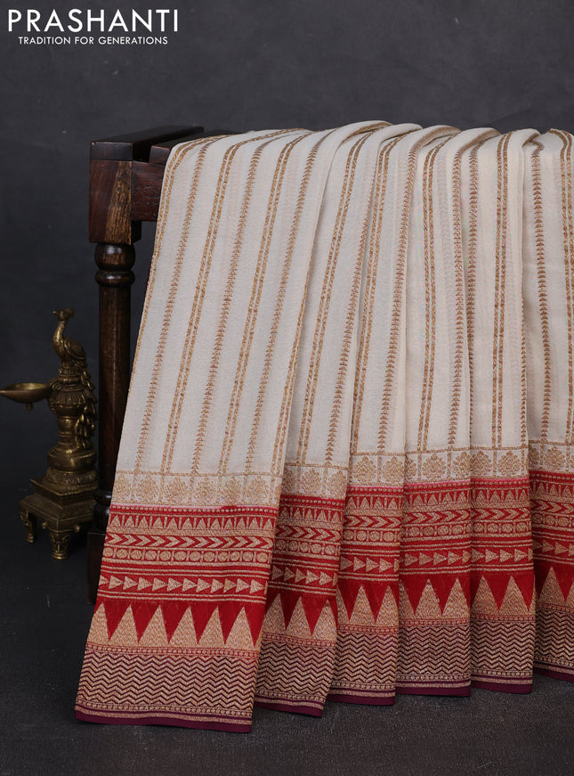 Banarasi georgette saree beige and wine shade with allover thread & zari stripe pattern and woven border