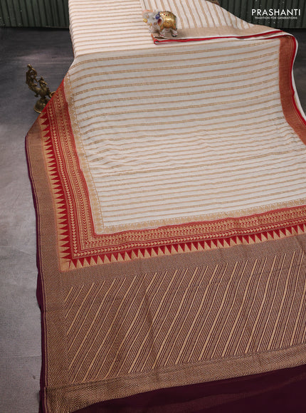 Banarasi georgette saree beige and wine shade with allover thread & zari stripe pattern and woven border