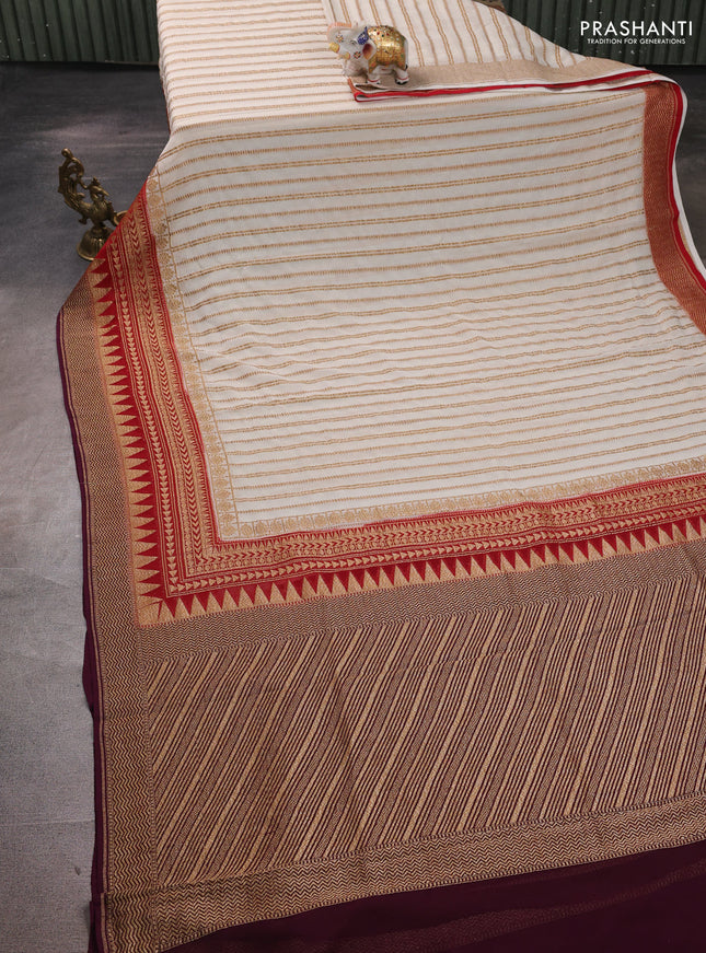 Banarasi georgette saree beige and wine shade with allover thread & zari stripe pattern and woven border
