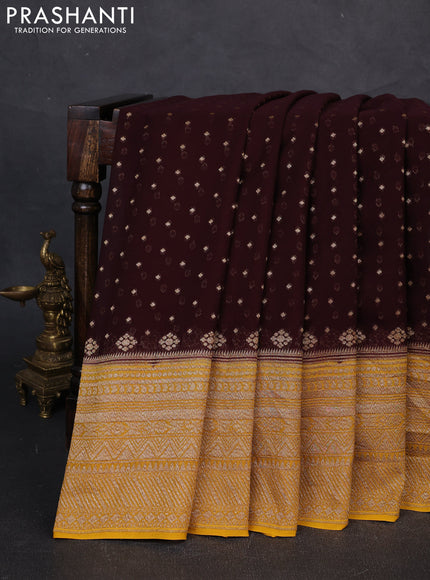 Banarasi georgette saree coffee brown and mustard yellow with allover thread & zari woven buttas and woven border