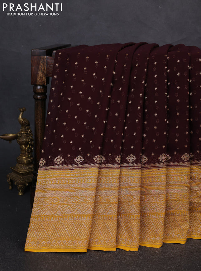 Banarasi georgette saree coffee brown and mustard yellow with allover thread & zari woven buttas and woven border