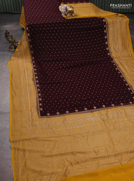 Banarasi georgette saree coffee brown and mustard yellow with allover thread & zari woven buttas and woven border