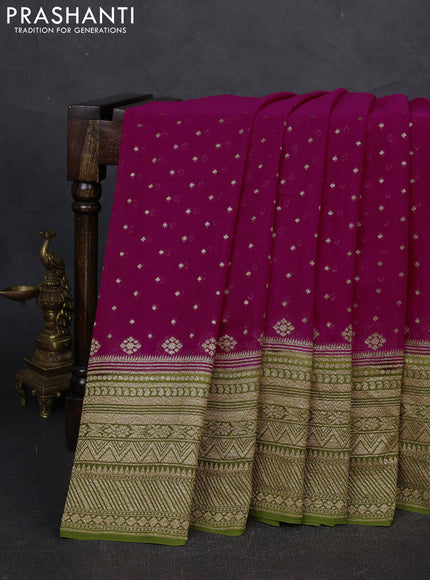 Banarasi georgette saree pink and mehendi green with allover thread & zari woven buttas and woven border