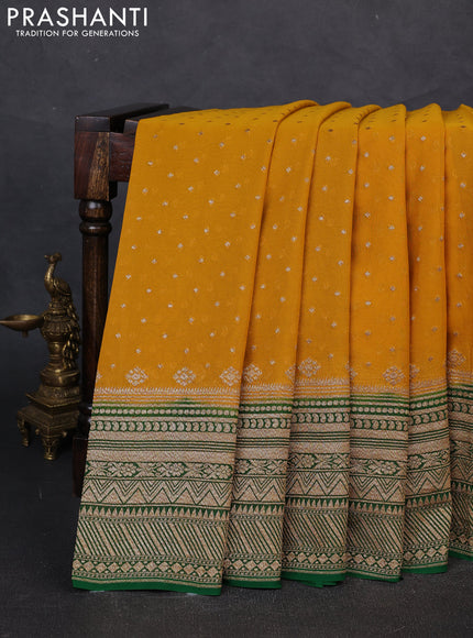 Banarasi georgette saree mustard yellow and green with allover thread & zari woven buttas and woven border