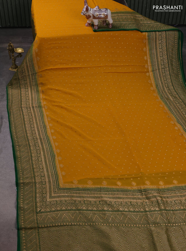 Banarasi georgette saree mustard yellow and green with allover thread & zari woven buttas and woven border