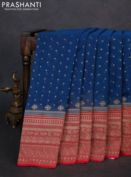 Banarasi georgette saree peacock blue and red with allover thread & zari woven buttas and woven border