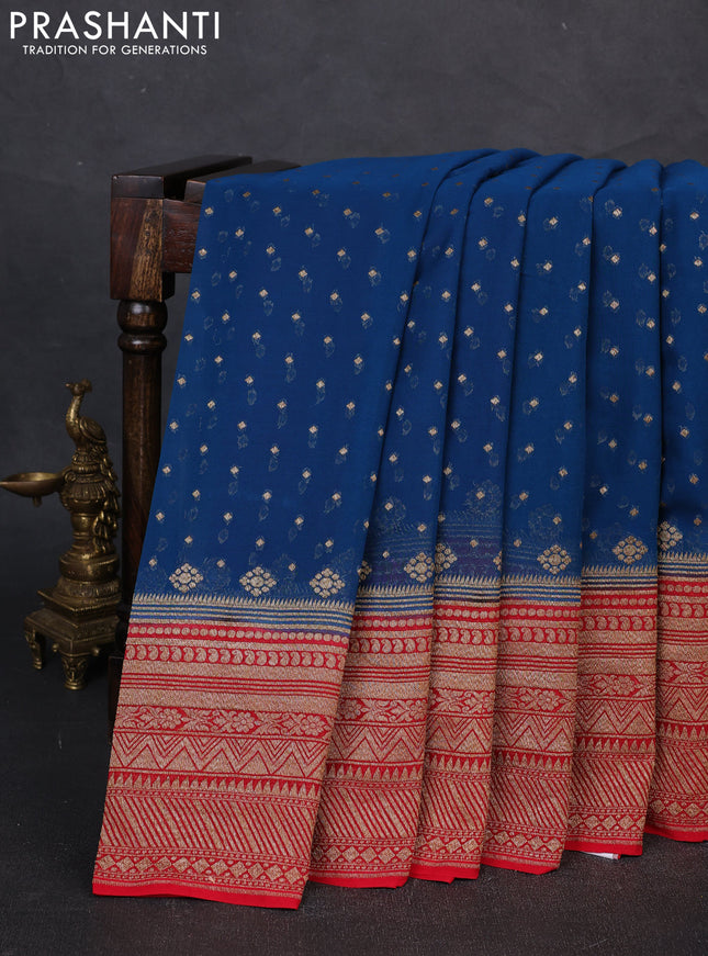 Banarasi georgette saree peacock blue and red with allover thread & zari woven buttas and woven border