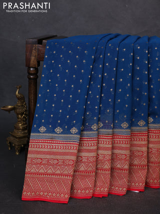 Banarasi georgette saree peacock blue and red with allover thread & zari woven buttas and woven border