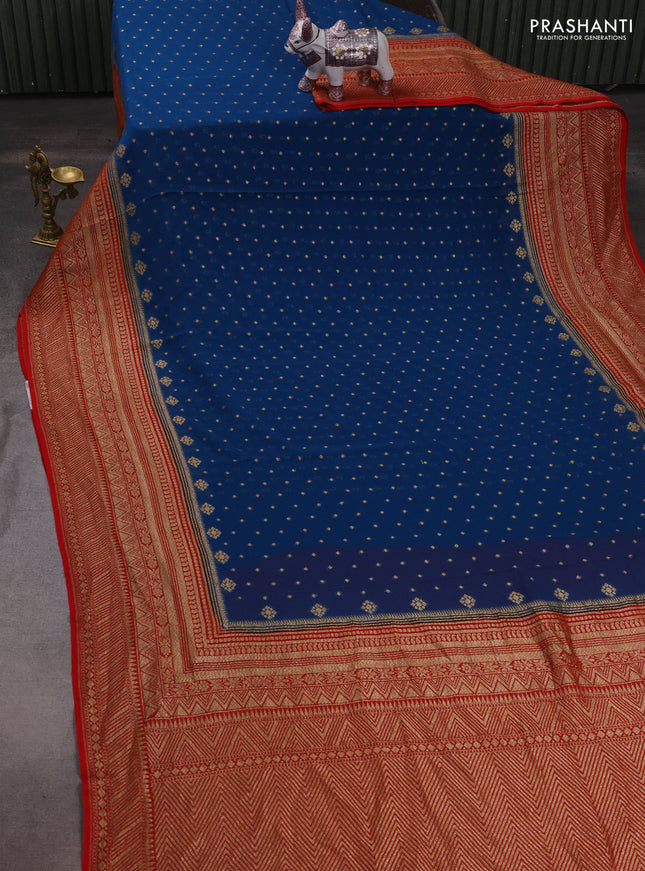Banarasi georgette saree peacock blue and red with allover thread & zari woven buttas and woven border