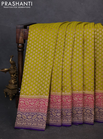 Banarasi georgette saree lime green and violet with allover thread & zari woven buttas and woven border
