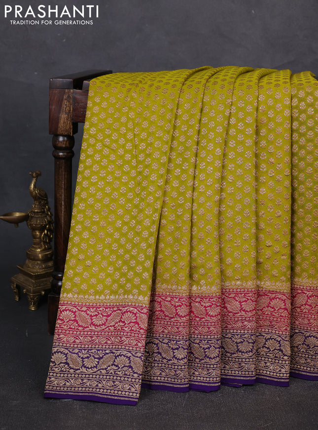 Banarasi georgette saree lime green and violet with allover thread & zari woven buttas and woven border