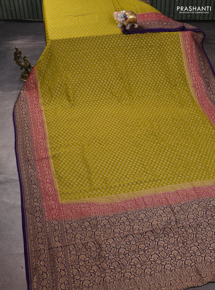 Banarasi georgette saree lime green and violet with allover thread & zari woven buttas and woven border