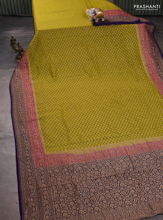 Banarasi georgette saree lime green and violet with allover thread & zari woven buttas and woven border