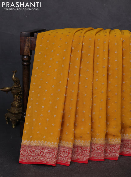 Banarasi georgette saree mustard yellow and red with allover thread & zari woven buttas and woven border