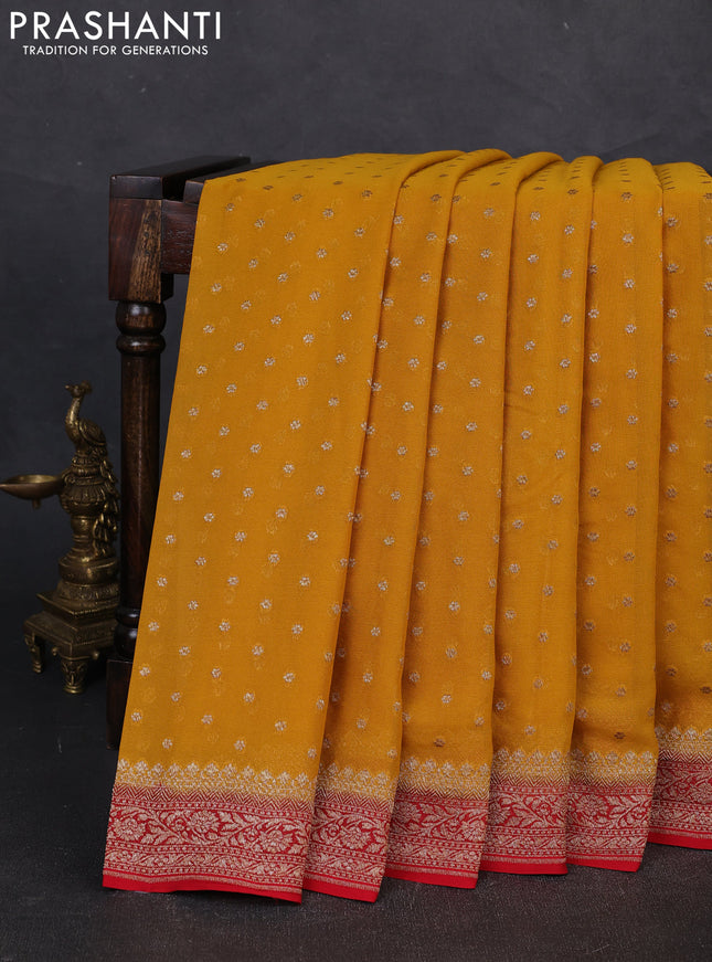 Banarasi georgette saree mustard yellow and red with allover thread & zari woven buttas and woven border