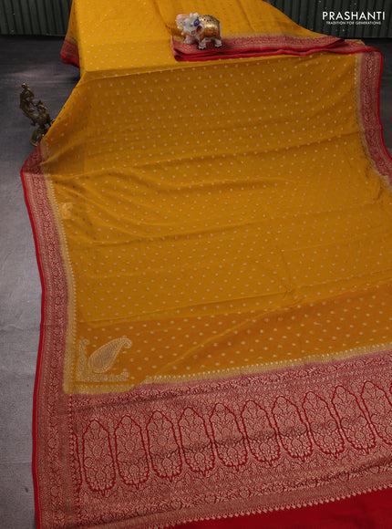 Banarasi georgette saree mustard yellow and red with allover thread & zari woven buttas and woven border
