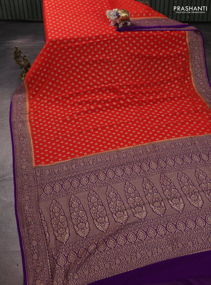 Banarasi georgette saree orange and violet with allover thread & zari woven buttas and woven border