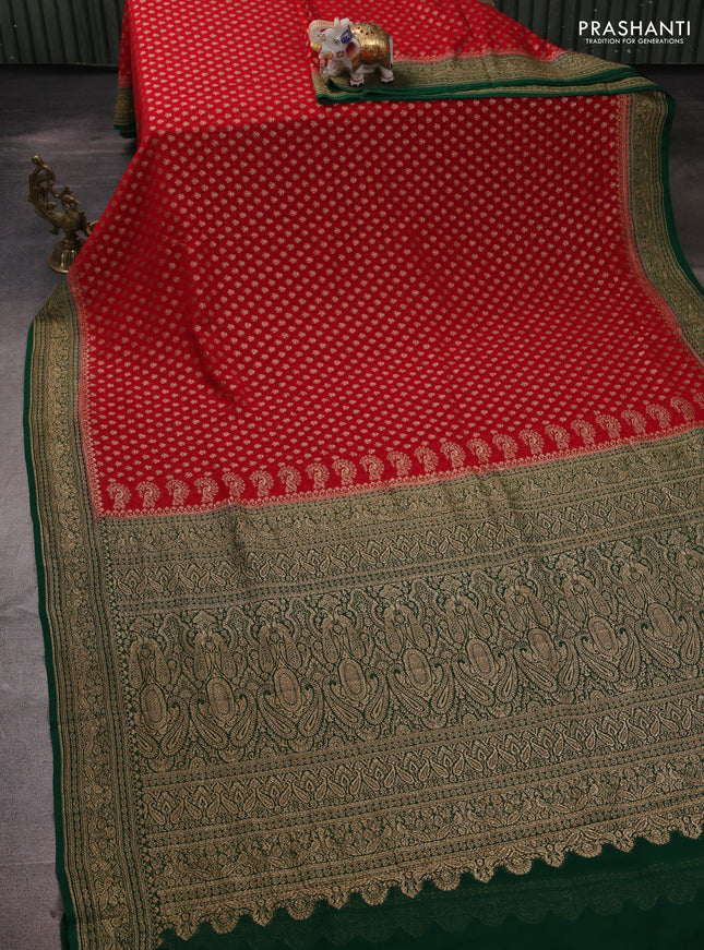 Banarasi georgette saree red and green with allover thread & zari woven buttas and woven border