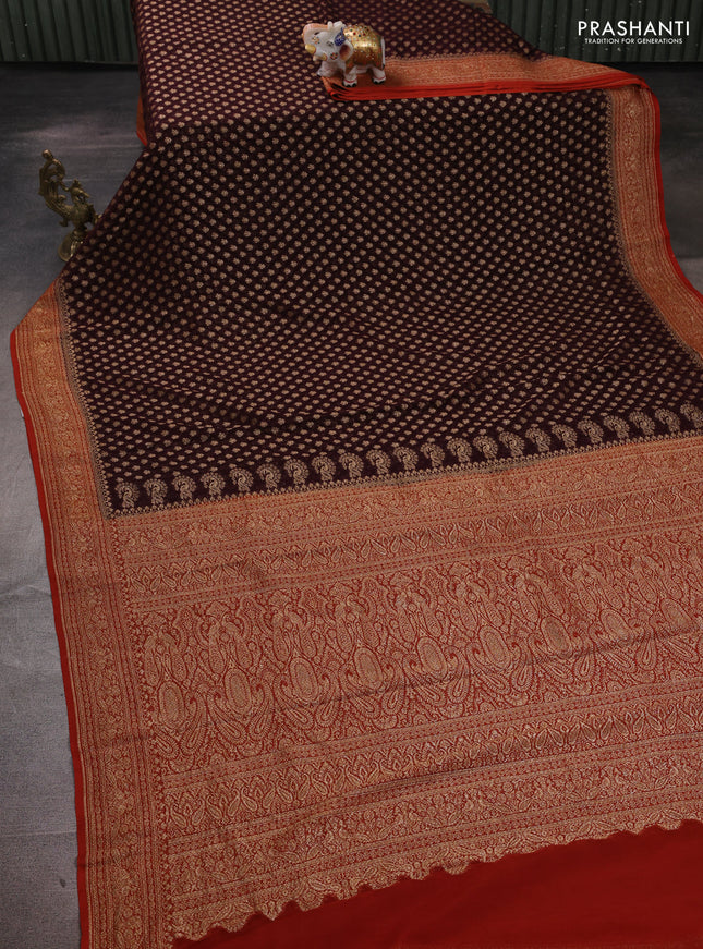 Banarasi georgette saree coffee brown and rust shade with allover thread & zari woven buttas and woven border