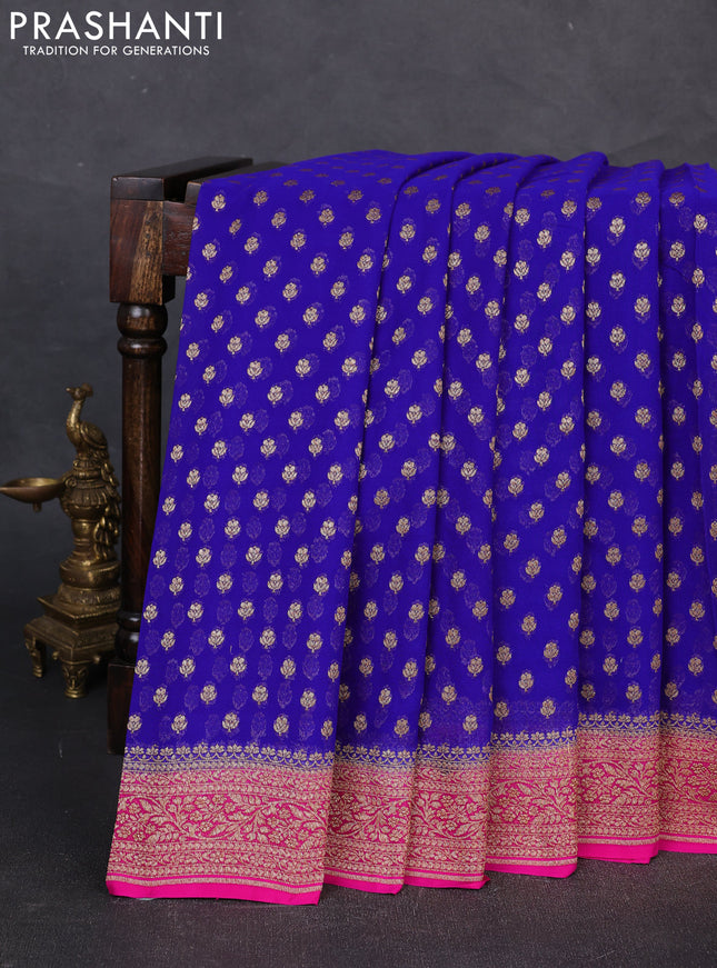 Banarasi georgette saree royal blue and pink with allover thread & zari woven buttas and woven border