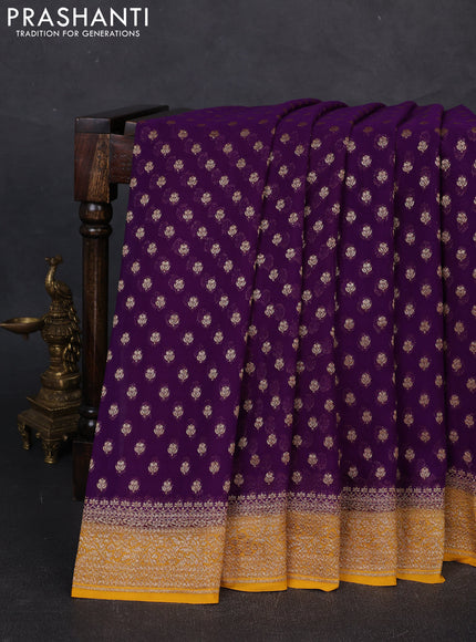 Banarasi georgette saree violet and mustard yellow with allover thread & zari woven buttas and woven border