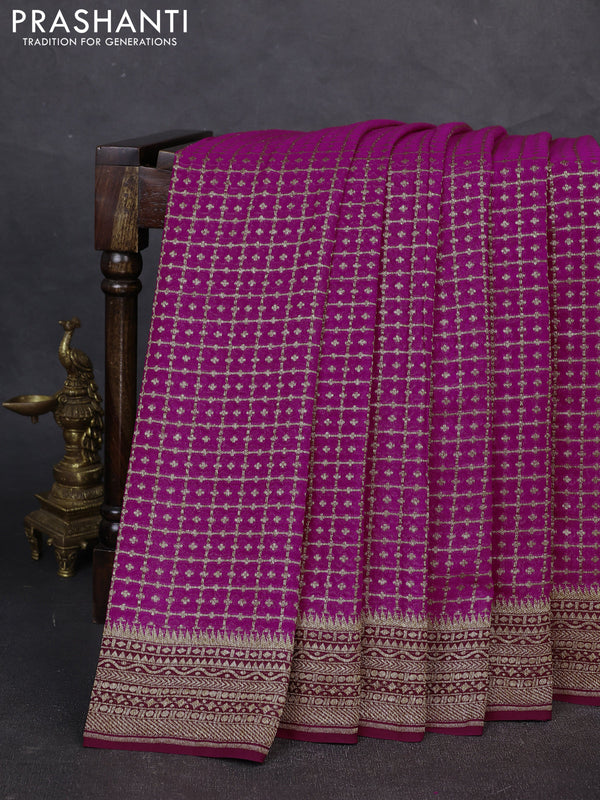 Banarasi georgette saree pink and wine shade with allover thread & zari checks buttas and woven border