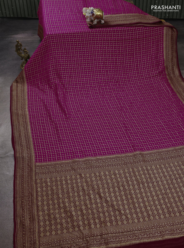 Banarasi georgette saree pink and wine shade with allover thread & zari checks buttas and woven border