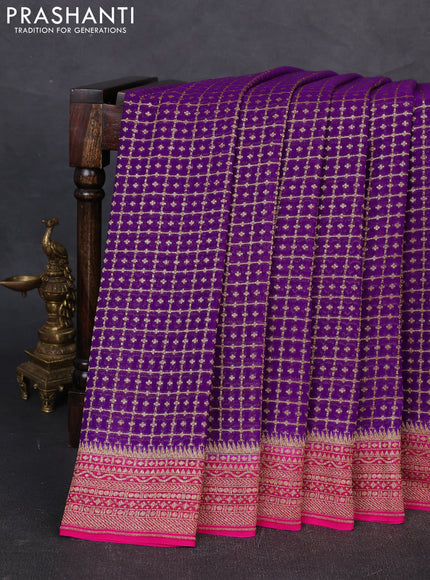 Banarasi georgette saree violet and pink with allover thread & zari checks buttas and woven border