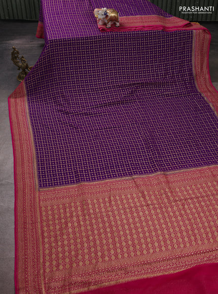 Banarasi georgette saree violet and pink with allover thread & zari checks buttas and woven border