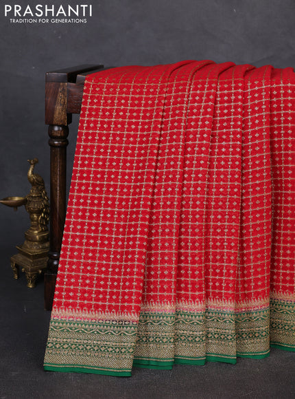 Banarasi georgette saree red and green with allover thread & zari checks buttas and woven border