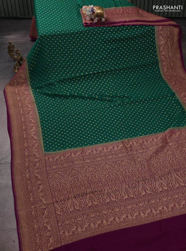 Banarasi georgette saree green and purple with allover thread & zari woven buttas and woven border