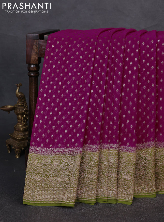Banarasi georgette saree pink and mehendi green with allover thread & zari woven buttas and woven border