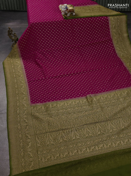 Banarasi georgette saree pink and mehendi green with allover thread & zari woven buttas and woven border
