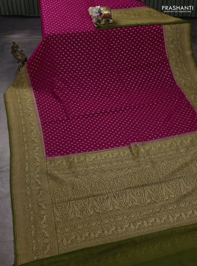 Banarasi georgette saree pink and mehendi green with allover thread & zari woven buttas and woven border