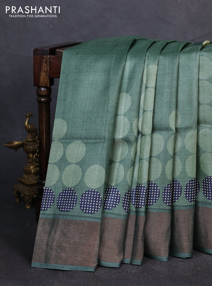 Pure tussar silk saree pastel green with allover geometric prints and zari woven border