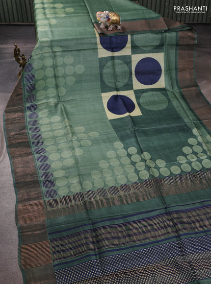 Pure tussar silk saree pastel green with allover geometric prints and zari woven border