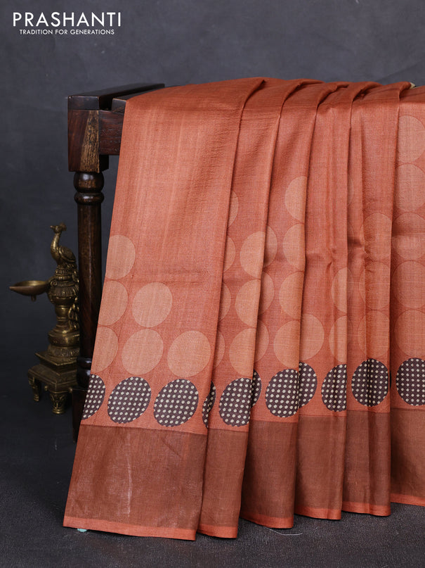 Pure tussar silk saree rust shade with allover geometric prints and zari woven border