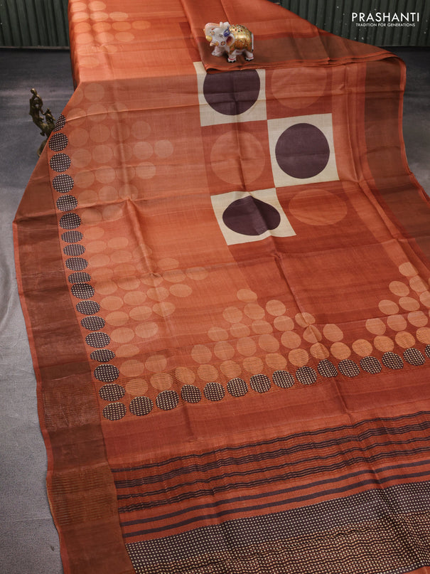 Pure tussar silk saree rust shade with allover geometric prints and zari woven border