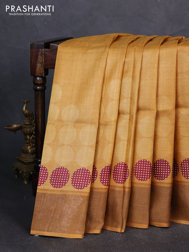 Pure tussar silk saree mustard yellow with allover geometric prints and zari woven border
