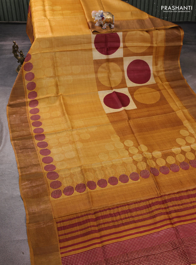 Pure tussar silk saree mustard yellow with allover geometric prints and zari woven border