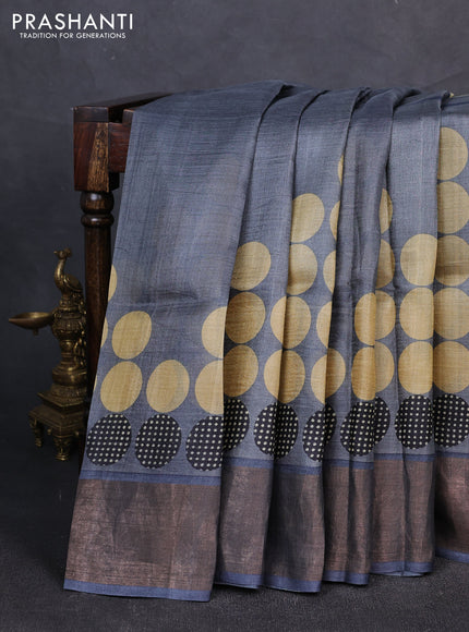 Pure tussar silk saree grey and dark grey with allover geometric prints and zari woven border