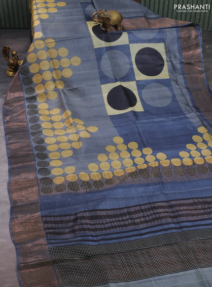 Pure tussar silk saree grey and dark grey with allover geometric prints and zari woven border