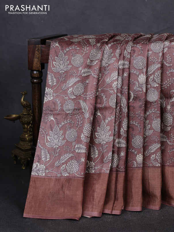 Pure tussar silk saree pastel brown with allover kalamkari prints and zari woven border